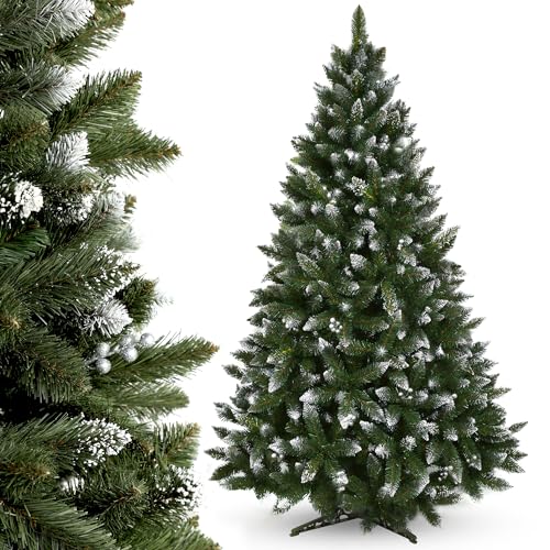 KADAX künstlicher Weihnachtsbaum mit silbernen Kügelchen und Raureif, 220cm Tannenbaum aus PVC, grün Christbaum mit 535 Zweigen, Kunststoffständer, Ø ca. 120cm (Premium Schneeflocke 220cm) von KADAX