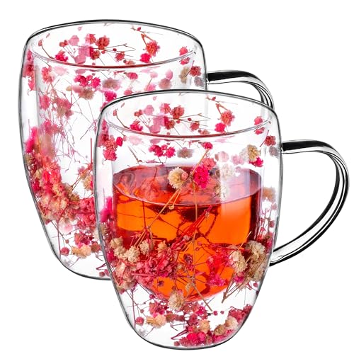KADAX Doppelwandige Kaffeegläser 350ml, 2er Set, Thermogläser für Tee & Kaffee, Teegläser aus Borosilikatglas, Kaffeetasse mit getrockneten Blumen, Teetasse (Rosa) von KADAX