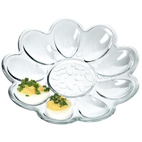 KADAX Eierteller aus Glas, ⌀ 21,5 cm, praktischer Teller für Eier, Eierhalter, robuste Eierablage, Eierplatte, Eierbehälter, Eiertablett, Eierspender (Blumenforme, transparent, 9 Eier) von KADAX