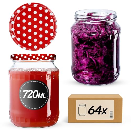 KADAX Einmachgläser, Marmeladengläser 720 ml, Einmachgläser mit Schraubdeckel, Gläser mit Schraubverschluss, Einweckgläser, Vorratsgläser zum Einlegen (Rot gepunktet / 64 Stück) von KADAX