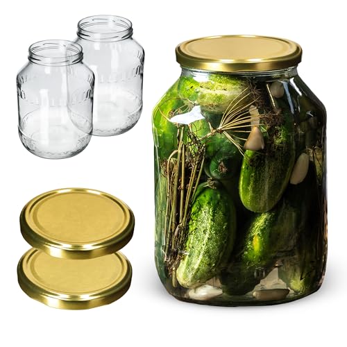 KADAX Einmachgläser 2,5L mit fi100 mm Schraubdeckel, Einmachglas zum Einlegen, Konservengläser, Sturzglas, Vorratsglas, große Gurkenglas, Konservenglas (Gold Deckel, 2 Stück) von KADAX