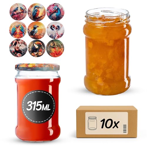 KADAX Einmachgläser 315 ml mit fi66 mm Schraubdeckel, Marmeladengläser, Schraubgläser mit Deckel, Gläser für Marmelade, Honig, Konfitüre, Einmachglas (Bunte Vögel, 10 Stück) von KADAX