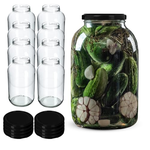 KADAX 8st Einmachgläser 4L mit fi100 mm Schraubdeckel ideal für Gurken, Kombucha, Kimchi, weite Öffnung zum Einlegen, Fermentieren (Schwarz Deckel, 8 Stück) von KADAX