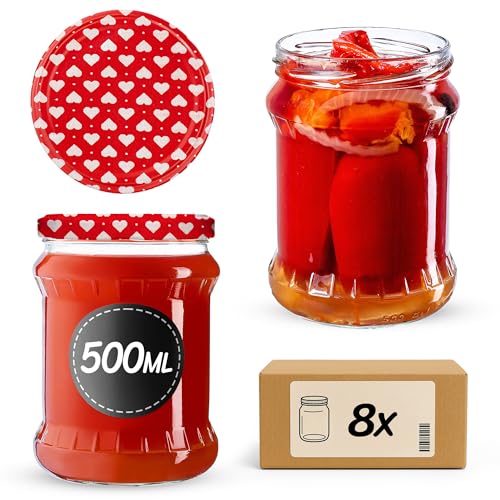 KADAX Einmachgläser 500ml, Vorratsgläser mit fi82 mm Schraubdeckel, Einkochgläser, Sturzglas zum Einmachen von Obst, Gemüse, Honig & Konserven, Einmachglas (Herz, 8 Stück) von KADAX