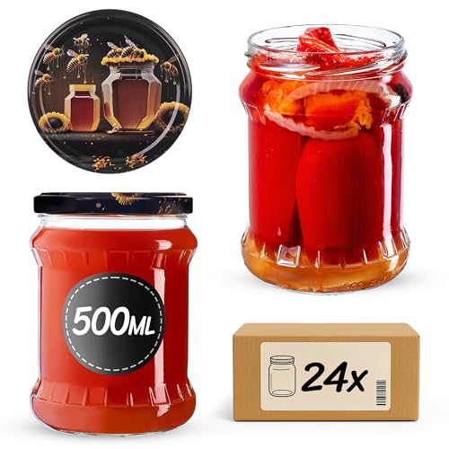 KADAX Einmachgläser 500ml, Vorratsgläser mit fi82 mm Schraubdeckel, Einkochgläser, Sturzglas zum Einmachen von Obst, Gemüse, Honig & Konserven, Einmachglas (Honig, 24 Stück) von KADAX