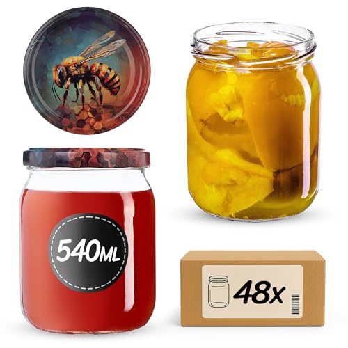 KADAX 48st Einmachgläser 540ml mit Schraubdeckel fi82 mm für Einlegen, Einmachen, Konservieren und Mahlzeitenvorbereitung - Luftdichte Twist-off Gläser (Honigbiene, 48 St.) von KADAX