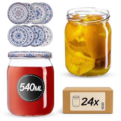 KADAX Einmachgläser 540ml mit fi82 mm Schraubdeckel, große Sturzgläser zum Einmachen und Einkochen, Gurkengläser mit Twist Off Deckel, Einkochgläser (Blau/Weiß, 24 Stück) von KADAX