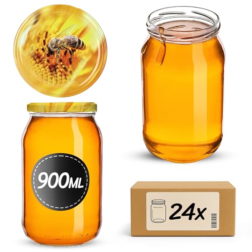 KADAX Einmachgläser 900ml mit fi82 mm Schraubdeckel, große Gläser mit Twist Off Deckel, Einmachglas, Sturzgläser für Gurken, Einkochgläser, Konservengläser (Biene, 24 Stück) von KADAX