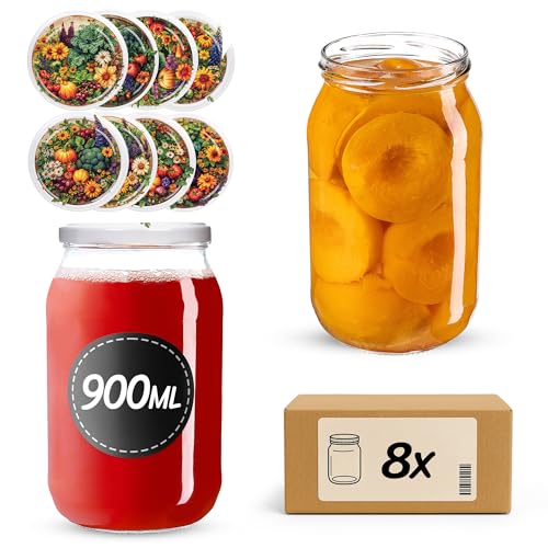 KADAX Einmachgläser 900ml mit fi82 mm Schraubdeckel, große Gläser mit Twist Off Deckel, Einmachglas, Sturzgläser für Gurken, Einkochgläser, Konservengläser (Gemüsebeet, 8 Stück) von KADAX