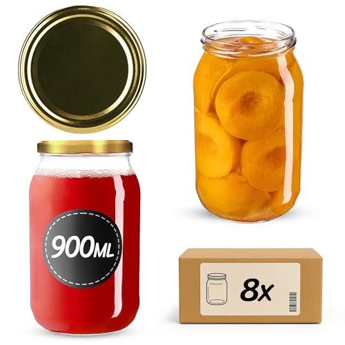 KADAX Einmachgläser 900ml mit fi82 mm Schraubdeckel, große Gläser mit Twist Off Deckel, Einmachglas, Sturzgläser für Gurken, Einkochgläser, Konservengläser (Gold, 8 Stück) von KADAX