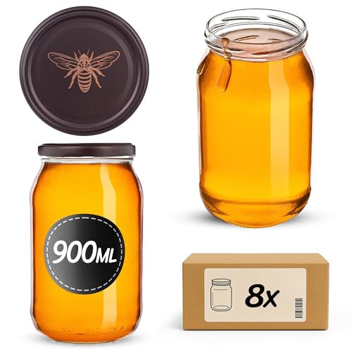KADAX Einmachgläser 900ml mit fi82 mm Schraubdeckel, große Gläser mit Twist Off Deckel, Einmachglas, Sturzgläser für Gurken, Einkochgläser, Konservengläser (Goldbiene, 8 Stück) von KADAX