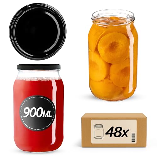 KADAX Einmachgläser 900ml mit fi82 mm Schraubdeckel, große Gläser mit Twist Off Deckel, Einmachglas, Sturzgläser für Gurken, Einkochgläser, Konservengläser (Schwarz, 48 Stück) von KADAX