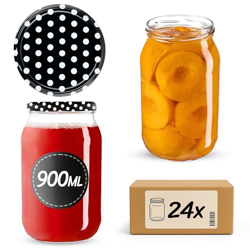 KADAX Einmachgläser 900ml mit fi82 mm Schraubdeckel, große Gläser mit Twist Off Deckel, Einmachglas, Sturzgläser für Gurken, Einkochgläser, Konservengläser (Schwarz Gepunktet, 24 Stück) von KADAX