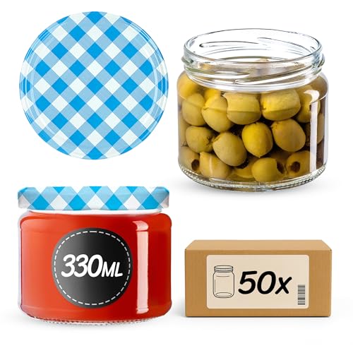 KADAX 50st Einmachgläser mit Schraubdeckel, Marmeladengläser 330ml, Vorratsgläser für Marmeladen, Konfitüren, Honig, Gläser mit Schraubverschluss (Blau kariert) von KADAX