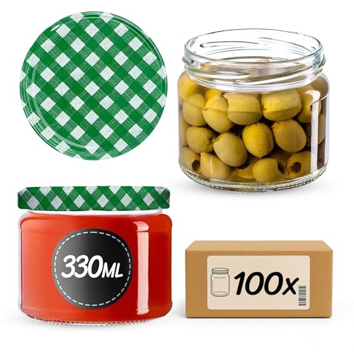 KADAX 100st Einmachgläser mit Schraubdeckel, Marmeladengläser 330ml, Vorratsgläser für Marmeladen, Konfitüren, Honig, Gläser mit Schraubverschluss (Grün kariert) von KADAX