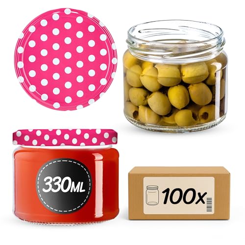 KADAX 100st Einmachgläser mit Schraubdeckel, Marmeladengläser 330ml, Vorratsgläser für Marmeladen, Konfitüren, Honig, Gläser mit Schraubverschluss (Rosa gepunktet) von KADAX