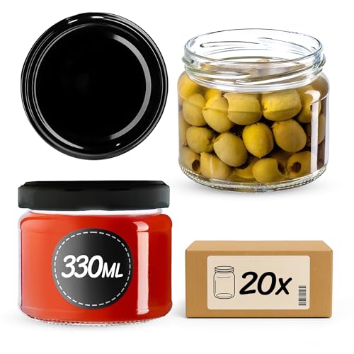 KADAX 20st Einmachgläser mit Schraubdeckel, Marmeladengläser 330ml, Vorratsgläser für Marmeladen, Konfitüren, Honig, Gläser mit Schraubverschluss (Schwarz) von KADAX