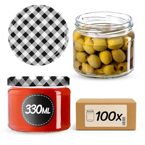 KADAX 100st Einmachgläser mit Schraubdeckel, Marmeladengläser 330ml, Vorratsgläser für Marmeladen, Konfitüren, Honig, Gläser mit Schraubverschluss (Schwarz kariert) von KADAX