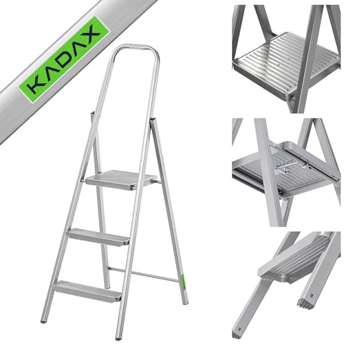 KADAX Einseitige Stahlleiter mit Antirutsch-Füßen, Stufenleiter, Leiter mit Ablage, Trittleiter, Klappleiter, Haushaltsleiter mit Breiten Stufen (3 Stufen) von KADAX