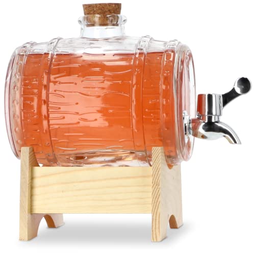 KADAX Fass mit Hahn, fassförmiger Getränkespender aus Glas 1-3L, Fass mit Zapfhahn, transparenter Spender mit Holzuntersatz, Alkoholspender ideal für Whisky, Brandy, Säfte, Limonade (1L) von KADAX