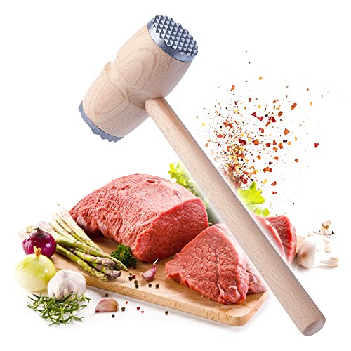 KADAX Fleischhammer, Schnitzelklopfer aus Holz, doppelseitiger Fleischklopfer, Schnitzelhammer mit Metallende, runder Klopfhammer für Schnitzel und Rindfleisch von KADAX