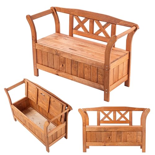 KADAX Gartenbank, 119x43x75cm Banktruhe aus Einer Holzfaserplatte, Sitzbank mit Stauraum und Rücklehne, Wetterfeste Holzbank für Garten, Balkon (119cm/Goldene Eiche) von KADAX