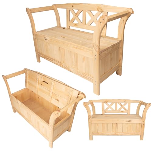 KADAX Gartenbank, 119x45x73cm Banktruhe aus Einer Holzfaserplatte, Sitzbank mit Stauraum und Rücklehne, Holzbank für Garten, Balkon (119 cm/Natürlich) von KADAX