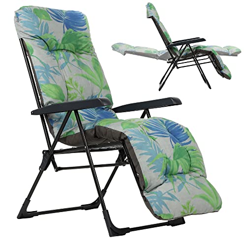 KADAX Gartensessel mit Einstellbarer Rücklehne, Relaxstuhl aus pulverbeschichteter Stahlkonstruktion, Klappsessel mit Tragfähigkeit bis 110kg, Gartenliege mit Kissen (Grün/Blau, L eckig) von KADAX