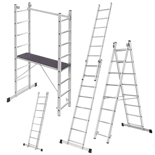 KADAX Aluminium Gerüst, 114 x 214 cm, 16-stufiges Multifunktionsgerüst mit Plattform und rutschfesten Füßen von KADAX