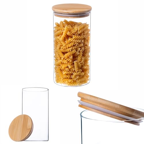 KADAX Glasbehälter mit Bambusdeckel, Spülmaschinenfeste Vorratsgläser, Luft-dichte Vorratsdosen, Aufbewahrungsglas, Aufbewahrungsbox für Spaghetti, Mehl, Müsli oder Kaffee (Rund 1400ml) von KADAX