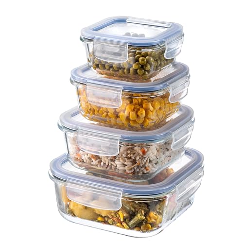 KADAX Glasbehälter mit Deckel, Lebensmittelbehälter, Spülmaschinenfester Lebensmittelbehälter, Verschließbare Frischhaltedose, Aufbewahrungsbehälter (Quadrat 4er SET) von KADAX