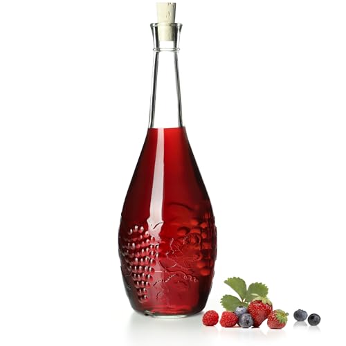 KADAX Glasflasche mit dichtem Korkenverschluss, Ölflasche mit Traubenmuster, Essigflasche, Glasbehälter für Obstliköre, Leere Weinflasche, Glasbehälter (1000ml - 1 Stück) von KADAX