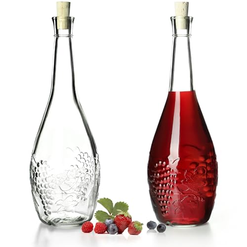 KADAX Glasflasche mit dichtem Korkenverschluss, Ölflasche mit Traubenmuster, Essigflasche, Glasbehälter für Obstliköre, Leere Weinflasche, Glasbehälter (1000ml - 2 Stück) von KADAX