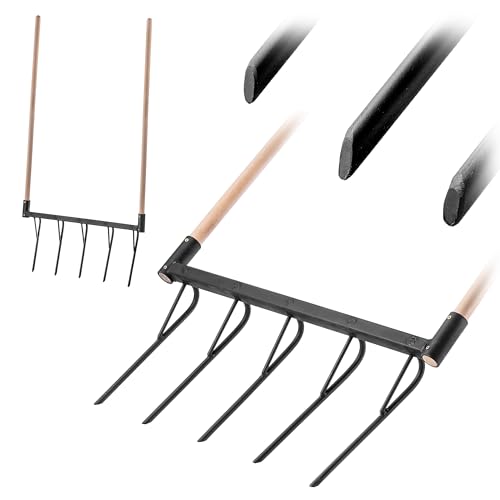 KADAX Grabegabel mit 5 Zinken und Langen Holzstiele, Robuster Handkultivator zur Bodenlockerung und Gartenbearbeitung, Doppelgrabegabel (Mit Stiel) von KADAX