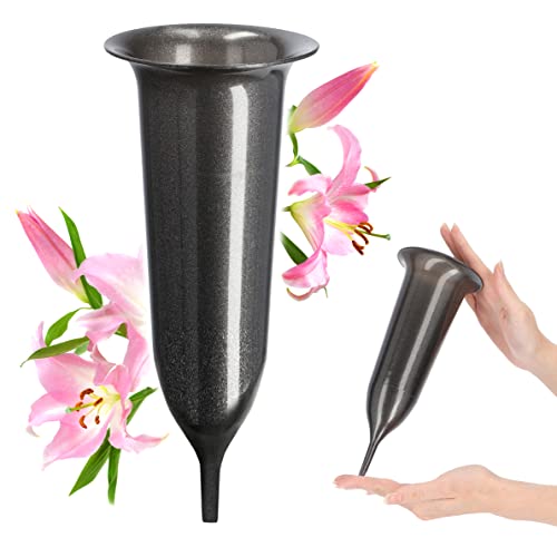 KADAX Grabvase, Vase aus Kunststoff, Blumenvase, Kunststoff-Vase für Blumen, wetterfeste Friedhofsvase, frostsicher Steckvase für Grab, witterungsbeständiger Grabschmuck (10cm, mit Erdspieß, Grafit) von KADAX