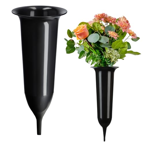 KADAX Grabvase, Vase aus Kunststoff, Blumenvase, Kunststoff-Vase für Blumen, wetterfeste Friedhofsvase, frostsicher Steckvase für Grab, witterungsbeständiger Grabschmuck (10cm, mit Erdspieß, schwarz) von KADAX