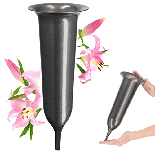 KADAX Grabvase, Vase aus Kunststoff, Blumenvase, Kunststoff-Vase für Blumen, wetterfeste Friedhofsvase, frostsicher Steckvase für Grab, witterungsbeständiger Grabschmuck (12cm, mit Erdspieß, Grafit) von KADAX