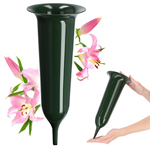 KADAX Grabvase, Vase aus Kunststoff, Blumenvase, Kunststoff-Vase für Blumen, wetterfeste Friedhofsvase, frostsicher Steckvase für Grab, witterungsbeständiger Grabschmuck (12cm, mit Erdspieß, grün) von KADAX