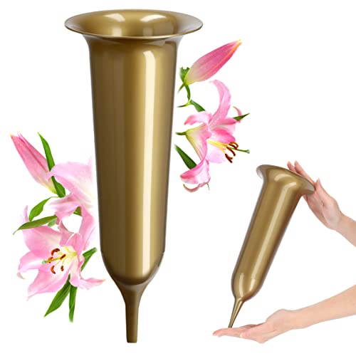 KADAX Grabvase, Vase aus Kunststoff, Blumenvase, Kunststoff-Vase für Blumen, wetterfeste Friedhofsvase, frostsicher Steckvase für Grab, witterungsbeständiger Grabschmuck (13,5cm, mit Erdspieß, Gold) von KADAX