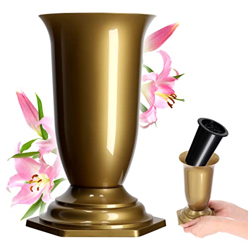 KADAX Grabvase, Vase aus Kunststoff, Blumenvase, Kunststoff-Vase für Blumen, wetterfeste Friedhofsvase, frostsicher Steckvase für Grab, witterungsbeständiger Grabschmuck (13cm, Gold) von KADAX