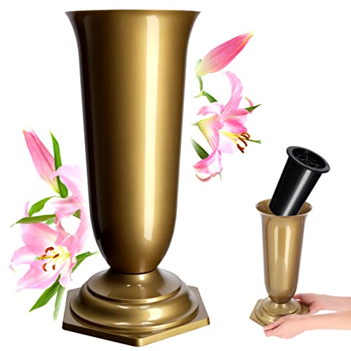 KADAX Grabvase, Vase aus Kunststoff, Blumenvase, Kunststoff-Vase für Blumen, wetterfeste Friedhofsvase, frostsicher Steckvase für Grab, witterungsbeständiger Grabschmuck (15,5cm, Gold) von KADAX