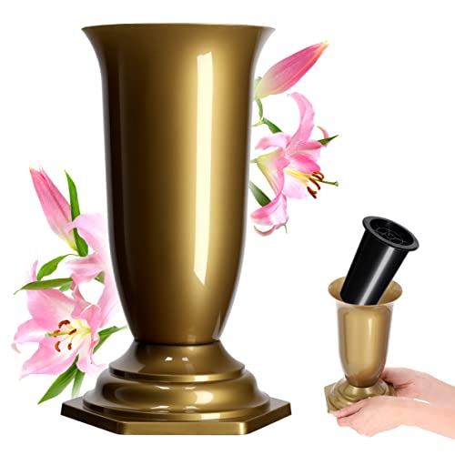 KADAX Grabvase, Vase aus Kunststoff, Blumenvase, Kunststoff-Vase für Blumen, wetterfeste Friedhofsvase, frostsicher Steckvase für Grab, witterungsbeständiger Grabschmuck (15cm, Gold) von KADAX