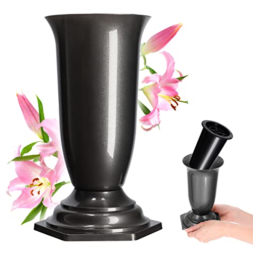 KADAX Grabvase, Vase aus Kunststoff, Blumenvase, Kunststoff-Vase für Blumen, wetterfeste Friedhofsvase, frostsicher Steckvase für Grab, witterungsbeständiger Grabschmuck (15cm, Grafit) von KADAX