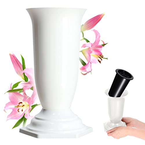 KADAX Grabvase, Vase aus Kunststoff, Blumenvase, Kunststoff-Vase für Blumen, wetterfeste Friedhofsvase, frostsicher Steckvase für Grab, witterungsbeständiger Grabschmuck (15cm, weiß) von KADAX