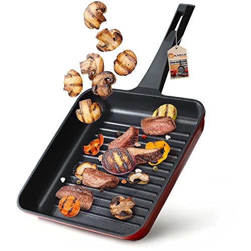 KADAX Grillpfanne, Steakpfanne, Aluminiumguss Pfanne, Bratpfanne mit Antihaftschicht, Griddle Pan für alle Herdarten inkl. Induktion (Rot, 29.5 cm) von KADAX