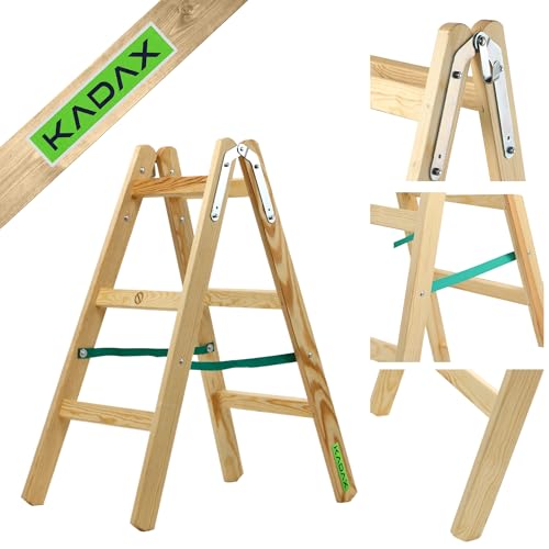 KADAX Holzleiter, Bockleiter bis 150 kg, klappbare Malerleiter, Doppelstufenleiter mit Stahlhaken, Elektrikerleiter, Stehleiter, Haushaltsleiter (3 Stufen) von KADAX