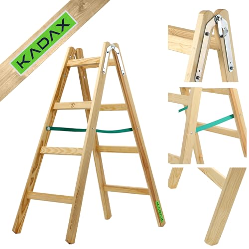 KADAX Holzleiter, Bockleiter bis 150 kg, klappbare Malerleiter, Doppelstufenleiter mit Stahlhaken, Elektrikerleiter, Stehleiter, Haushaltsleiter (4 Stufen) von KADAX