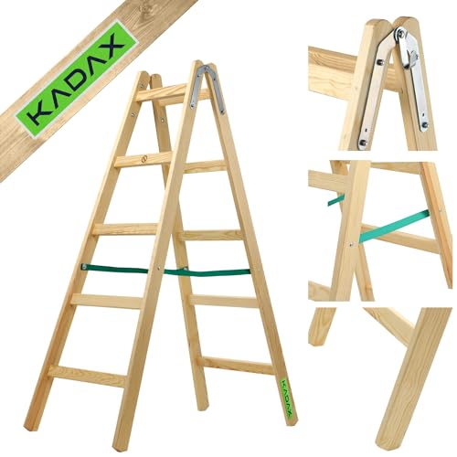 KADAX Holzleiter, Bockleiter bis 150 kg, klappbare Malerleiter, Doppelstufenleiter mit Stahlhaken, Elektrikerleiter, Stehleiter, Haushaltsleiter (5 Stufen) von KADAX