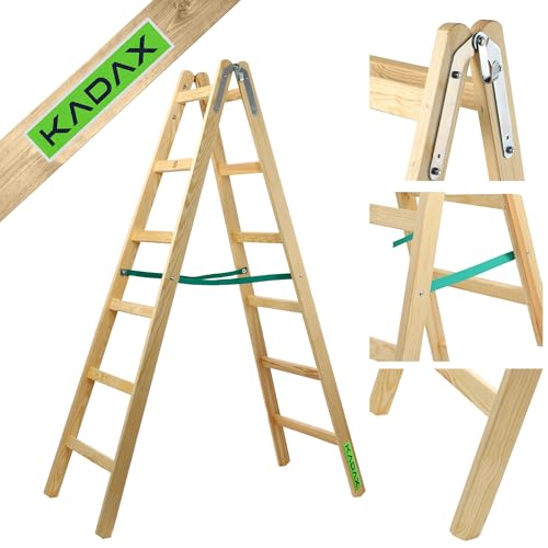 KADAX Holzleiter, Bockleiter bis 150 kg, klappbare Malerleiter, Doppelstufenleiter mit Stahlhaken, Elektrikerleiter, Stehleiter, Haushaltsleiter (6 Stufen) von KADAX