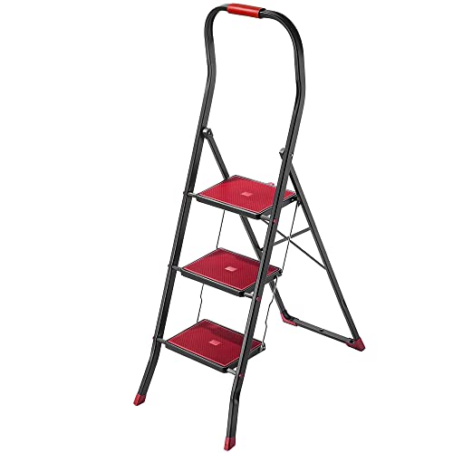 KADAX Klappbare Stahlleiter, schwarz-rote Trittleiter mit Traglast bis 150kg, Leiter mit Klappsicherung, Handlauftritt mit rutschfesten Stufen (3 Stufen) von KADAX